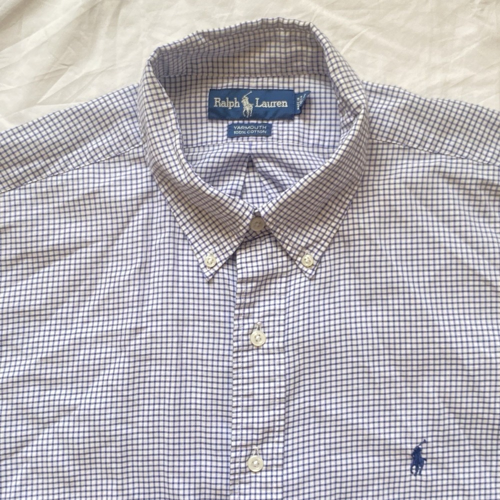 Polo Ralph Lauren Yarmouth Blue Check Long Button Up Dress Shirt Mens 17.5 34/35
